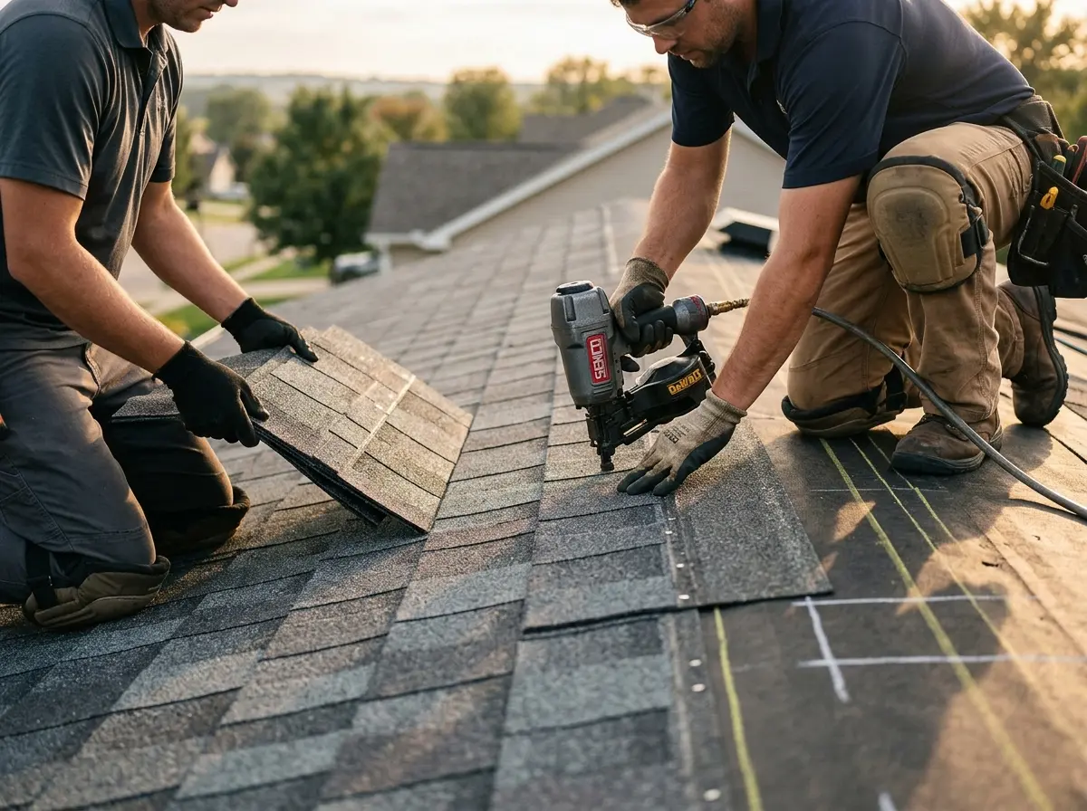Professional roofer working on a residential roof in Winterville